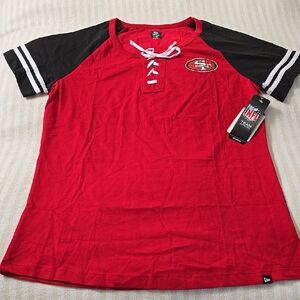 Women's New Era Scarlet San Francisco 49ers Lace-Up Raglan T-Shirt Size:Large